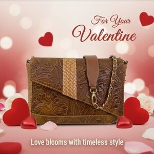 2 Straps Hazelnut Brown Embossed Tooled Artisan LEATHER Crossbody Purse Bolsa